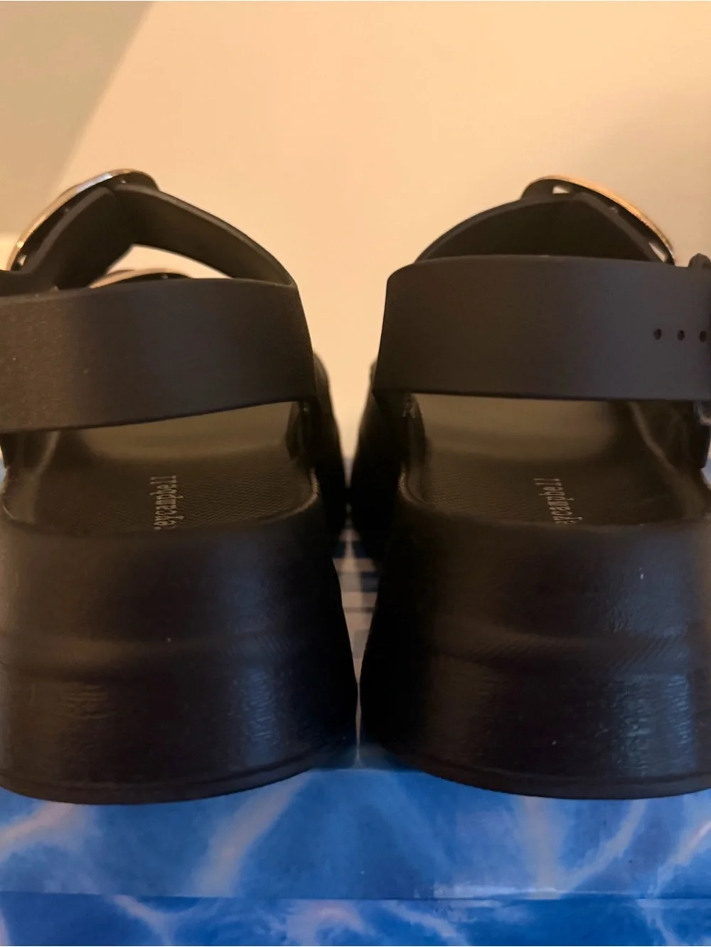 Jeffrey Campbell Black Platform Sandals with Gold Buckles
